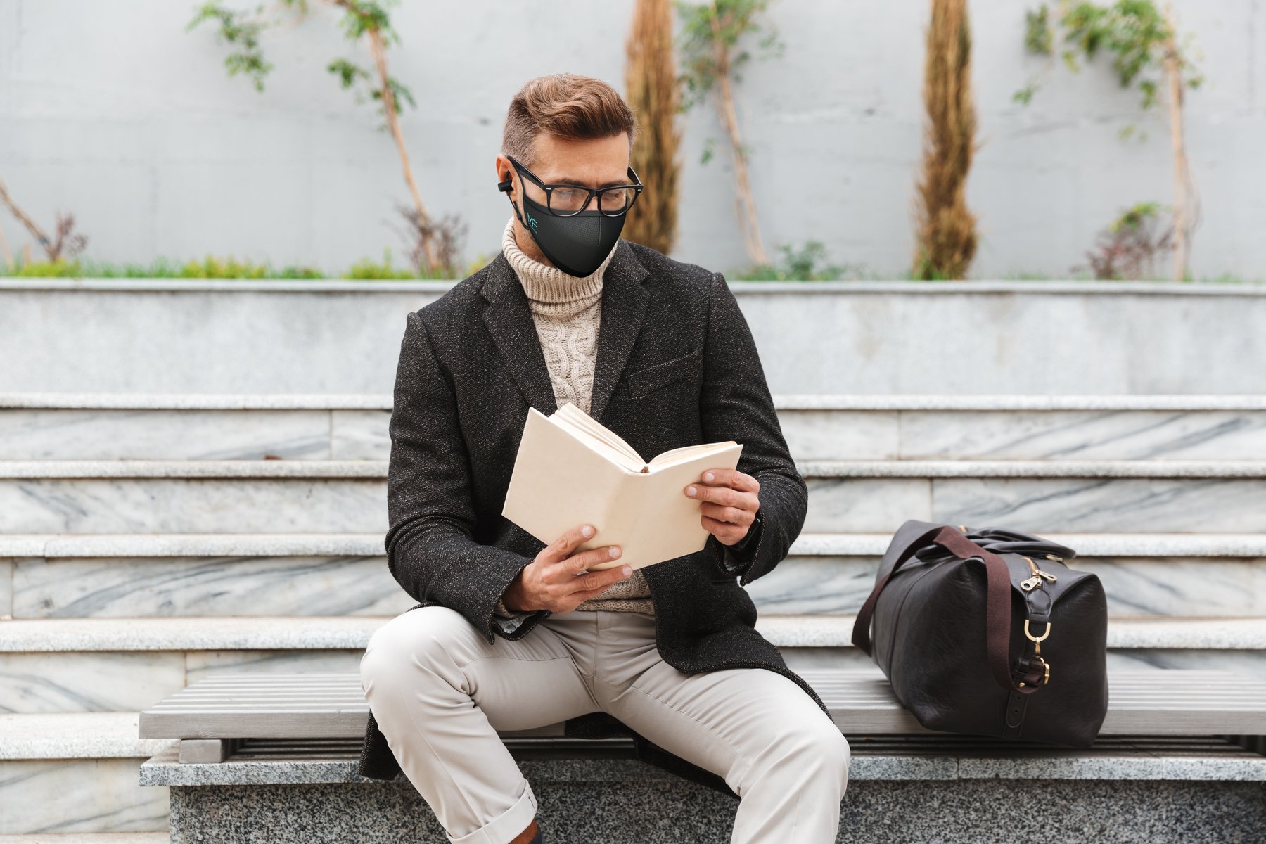 Woman wearing MaskFone outdoors